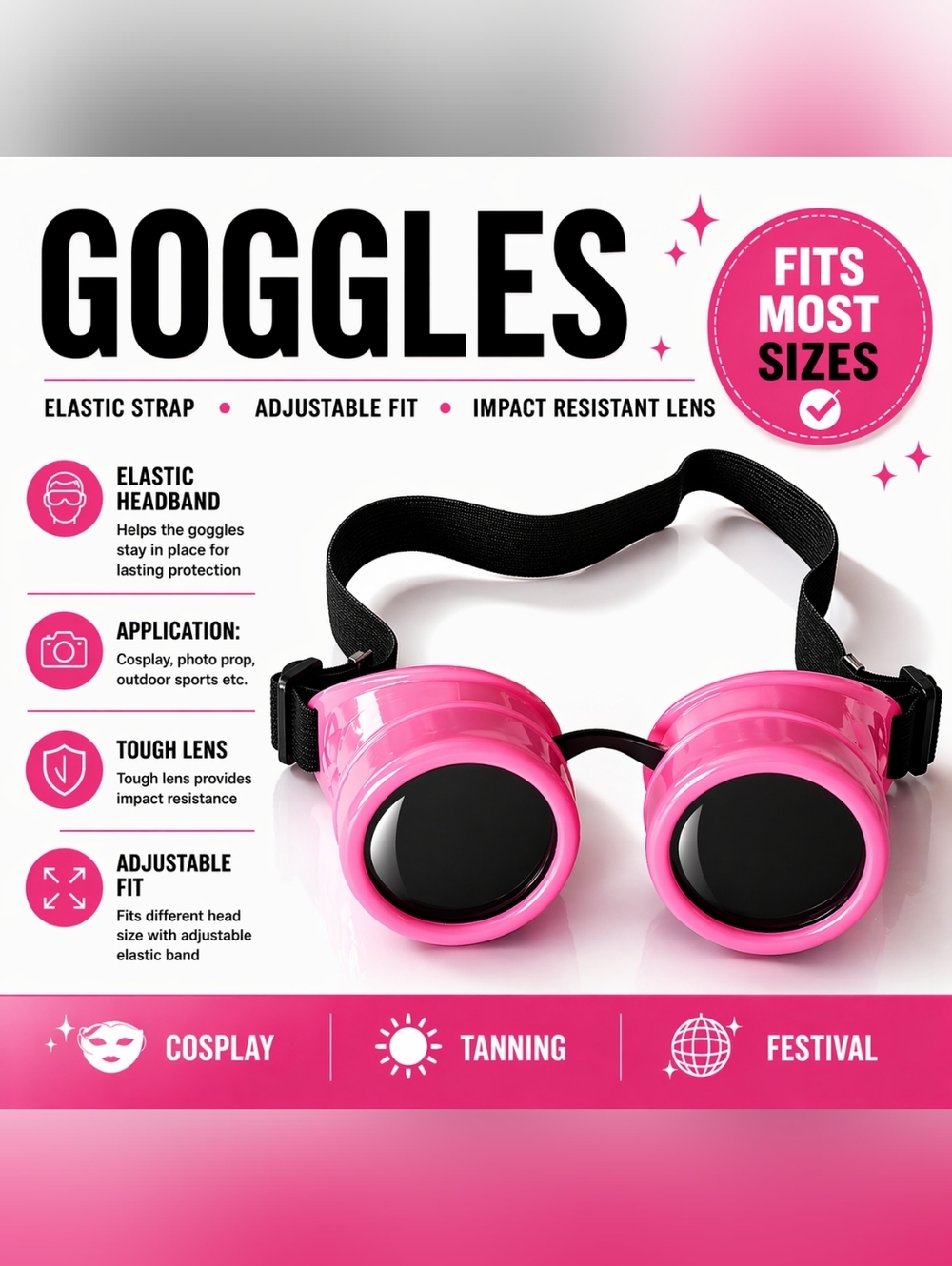 Pink SteamPunk Goggles Adjustable Elastic Strap Cosplay Glasses